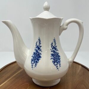 White Porcelain Coffee Pot Blue Floral Design Elegant Kitchenware Serving